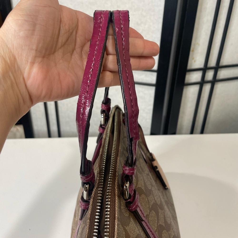 Coach Peyton Signature Cora Domed Satchel Bag Brown Coated Canvas Purple Leather - Picture 11 of 13